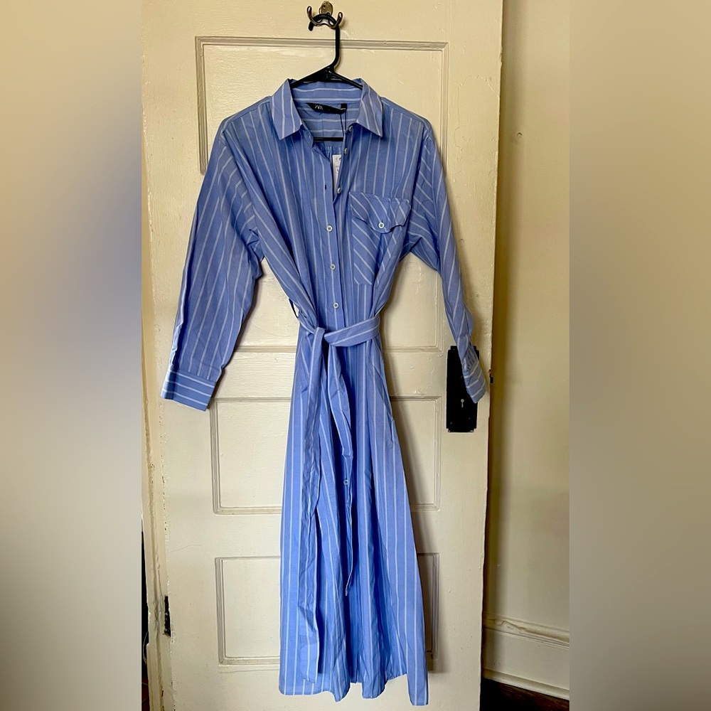 Zara Blue & White Belted Pinstripe dress, Size: L